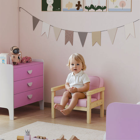 Poltrona Infantil Sofá para Crianças acima de 3 Anos com Tecido Suave de Veludo Cotelê Estrutura de Madeira Assento e Encosto Acolchoados Apoio de Braços Suporta 45 kg 46,5x44x45 cm Rosa
