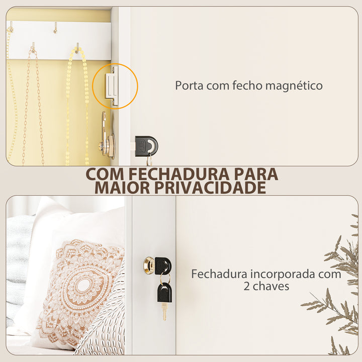 Espelho Joalheiro de Parede Armário para Jóias com Fechadura e Vários Compartimentos para Colares Anéis Pulseiras Montar na Parede ou Porta Branco e Forro Creme