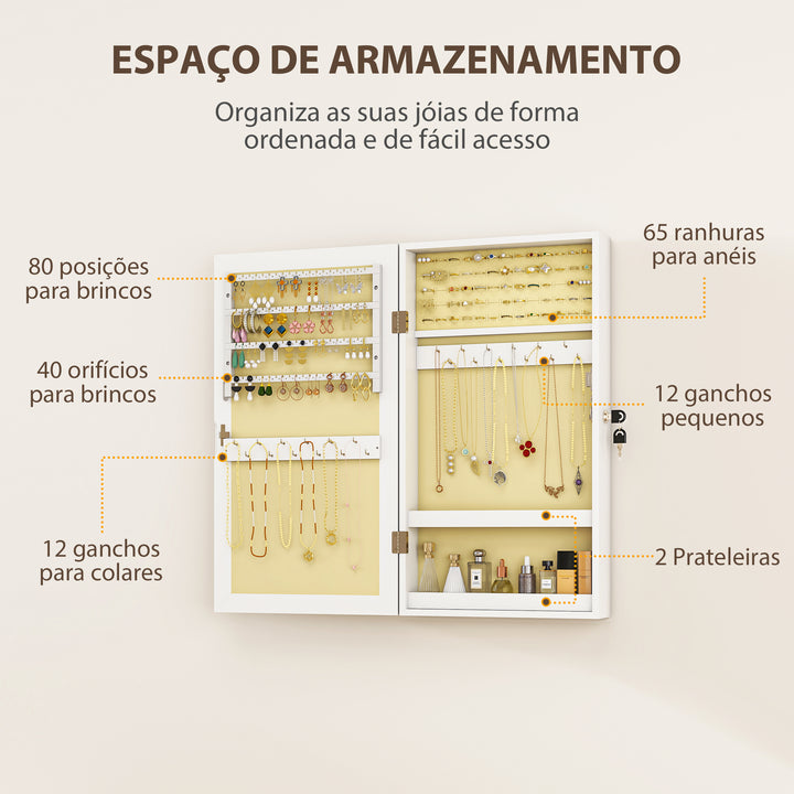 Espelho Joalheiro de Parede Armário para Jóias com Fechadura e Vários Compartimentos para Colares Anéis Pulseiras Montar na Parede ou Porta Branco e Forro Creme