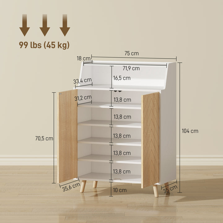 Sapateira de 2 Portas Sapateira para Entrada com Prateleiras Ajustáveis Compartimento Aberto e Pés em Madeira para 15 Pares de Sapatos 75x35x104 cm Branco e Madeira