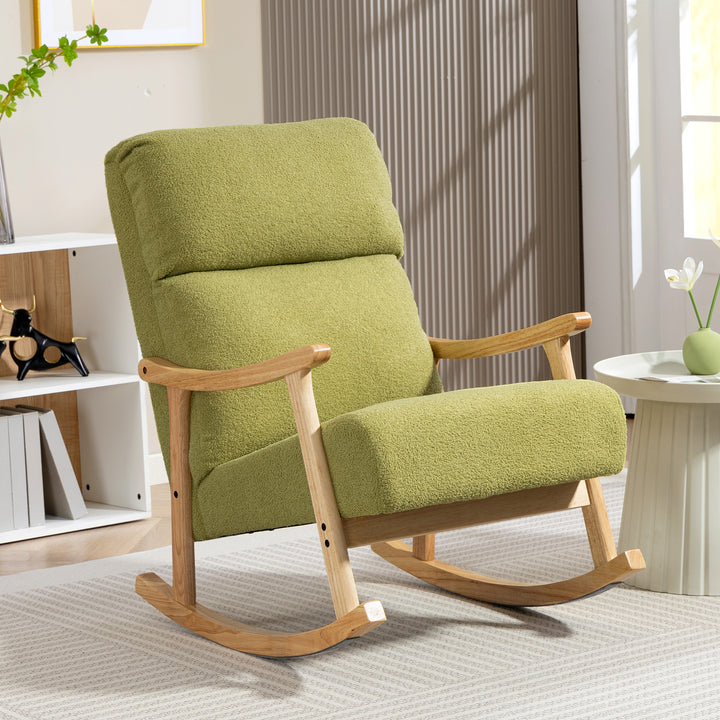 Poltrona Baloiço Moderna Poltrona Baloiço com Pés e Apoio para os Braços de Madeira de Faia Encosto Alto Poltrona de Amamentação Carga 120 kg para Dormitório Sala de Estar 65x90x98 cm Verde claro
