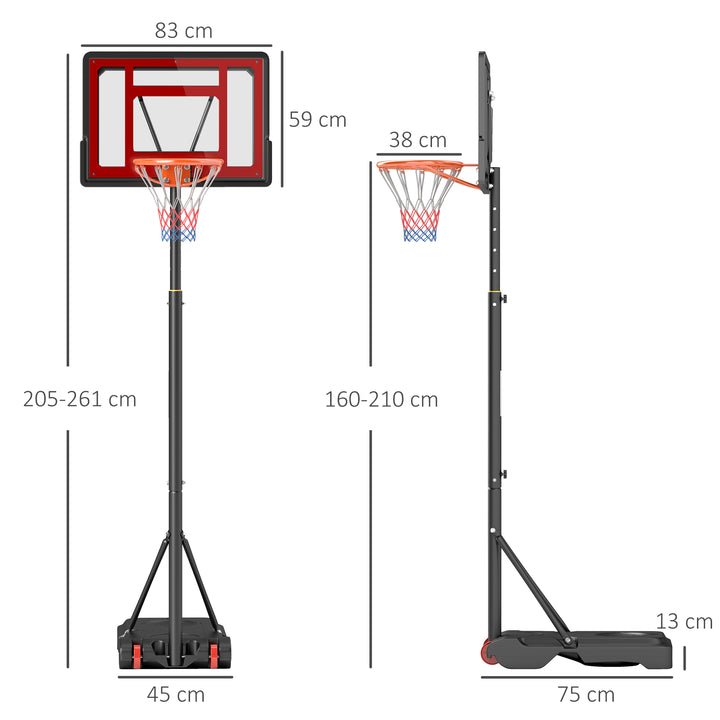 Cesta de Basquetebol Ajustável de 160-210cm Aro de Basquetebol com Suporte de Aço Base Recarregável 2 Rodas para Crianças e Adultos 75x83x261cm Vermelho e Preto