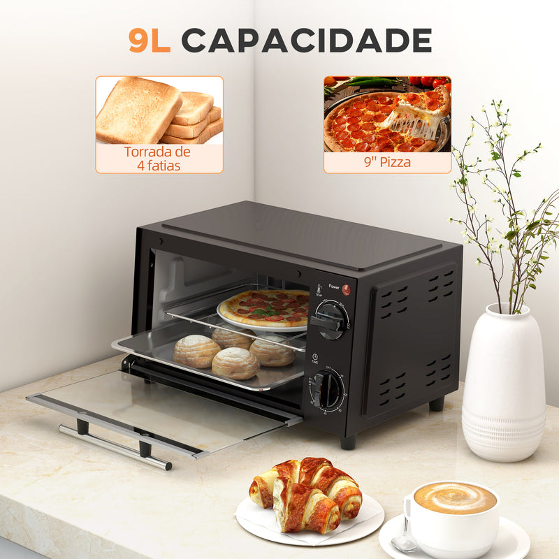 Mini Forno Elétrico 9L Forno Elétrico de Bancada 750W com Temperatura Ajustável até 230°C Temporizador 60 min e Bandeja para Assar Grelha 35x24,6x20 cm Preto