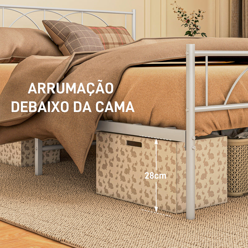 Cama de Casal 150x200 cm Estrutura de Ripas com Cabeceira de Ripas de Aço e Espaço de Arrumação por Baixo da Cama Carga 330 kg Branca