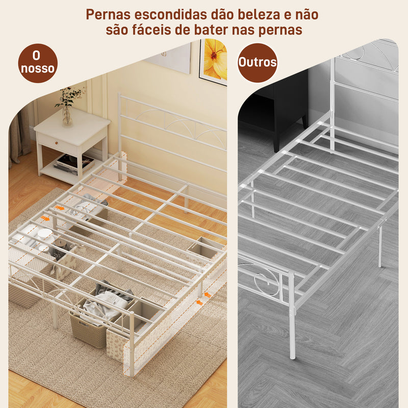 Cama de Casal 150x200 cm Estrutura de Ripas com Cabeceira de Ripas de Aço e Espaço de Arrumação por Baixo da Cama Carga 330 kg Branca