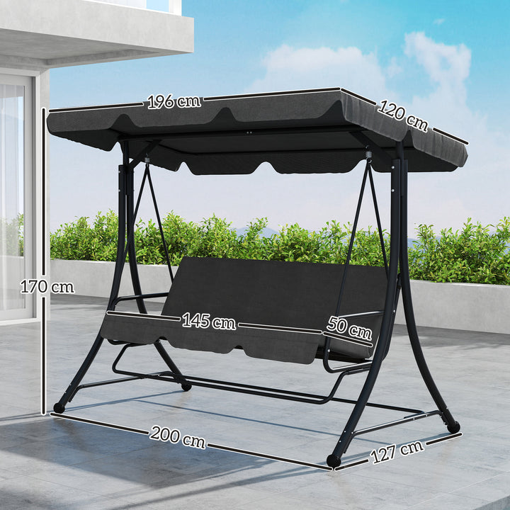 Baloiço de Jardim de 3 Lugares Baloiço de Exterior com Toldo Ajustável Apoio para os Pés Retrátil e Almofadas Suporta até 330 kg 200x127x170 cm Cinzento
