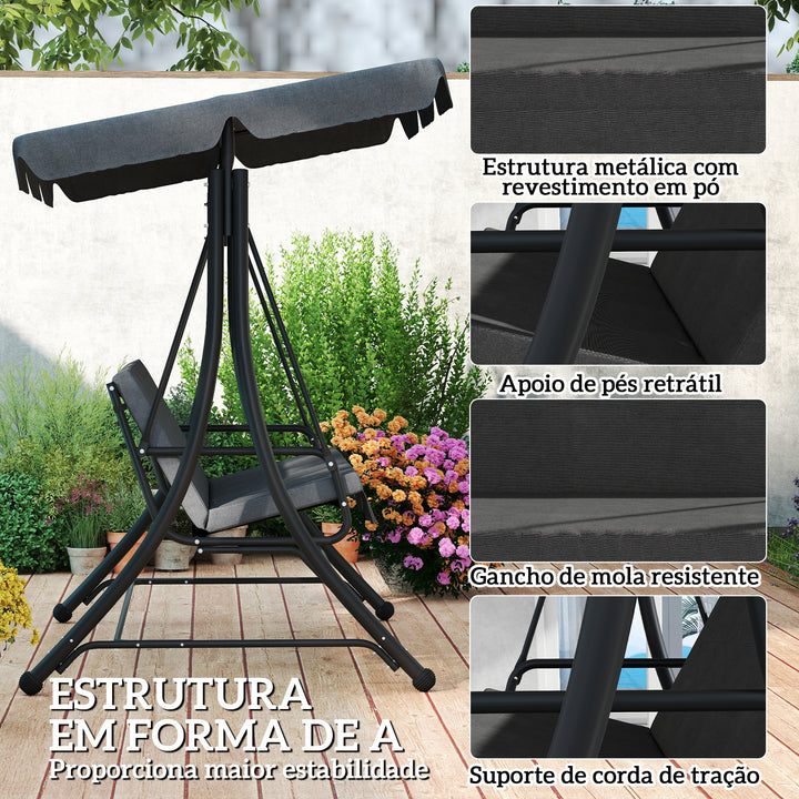 Baloiço de Jardim de 3 Lugares Baloiço de Exterior com Toldo Ajustável Apoio para os Pés Retrátil e Almofadas Suporta até 330 kg 200x127x170 cm Cinzento