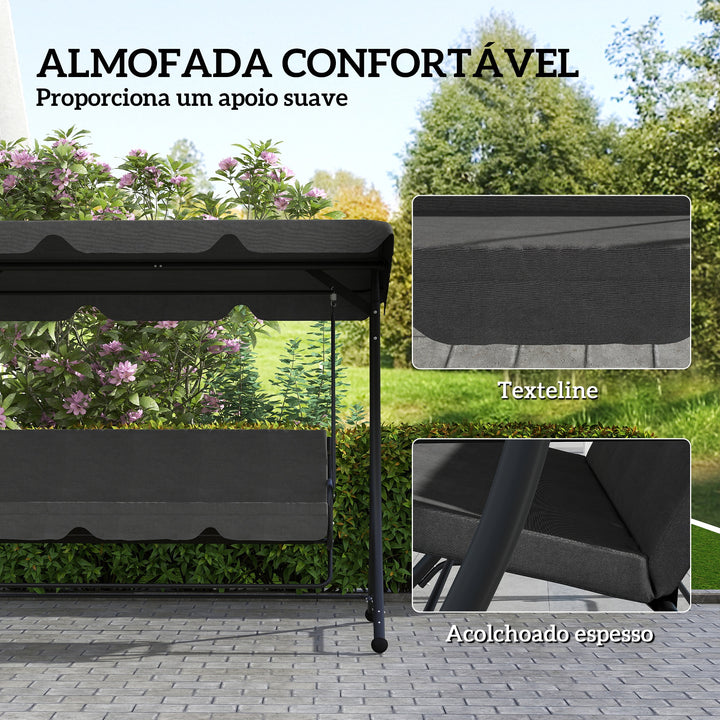 Baloiço de Jardim de 3 Lugares Baloiço de Exterior com Toldo Ajustável Apoio para os Pés Retrátil e Almofadas Suporta até 330 kg 200x127x170 cm Cinzento