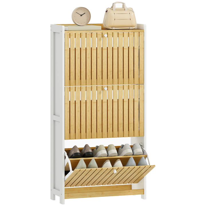 Sapateira Estreita com 3 Portas de Bambu em Ripas Móvel Sapateira com Prateleiras Ajustáveis para 18 Pares de Sapatos 60x24x118 cm Branco e Madeira
