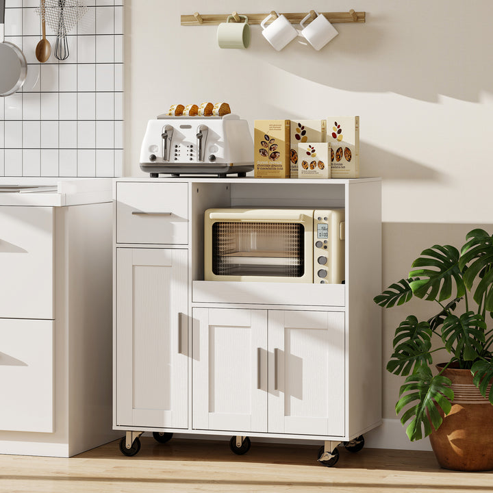 Móvel Auxiliar de Cozinha com Rodas Aparador de Cozinha para Microondas com Bandeja Deslizante Gaveta 3 Portas Prateleira Ajustável e Orifício para Cabos para Sala 80x40x88,7 cm Branco