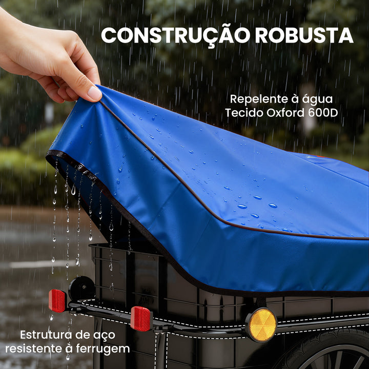 Reboque de Bicicleta para Carga 40 kg Carrinho de Mão com Cobertura de Tecido Oxford Impermeável Refletores Estrutura de Aço e Alças para Transporte de Bagagens 144x59x80 cm Azul