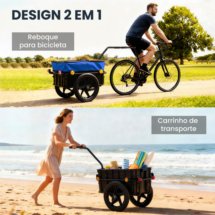Reboque de Bicicleta para Carga 40 kg Carrinho de Mão com Cobertura de Tecido Oxford Impermeável Refletores Estrutura de Aço e Alças para Transporte de Bagagens 144x59x80 cm Azul