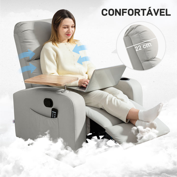 Poltrona de Massagem Poltrona Relax Elétrica com 4 Modos de Vibração Reclinação 145° Estofada em Microfibra Controlo Remoto Mesa 2 Bolsos Laterais e Suporte para Copos 77x93x105 cm Cinza