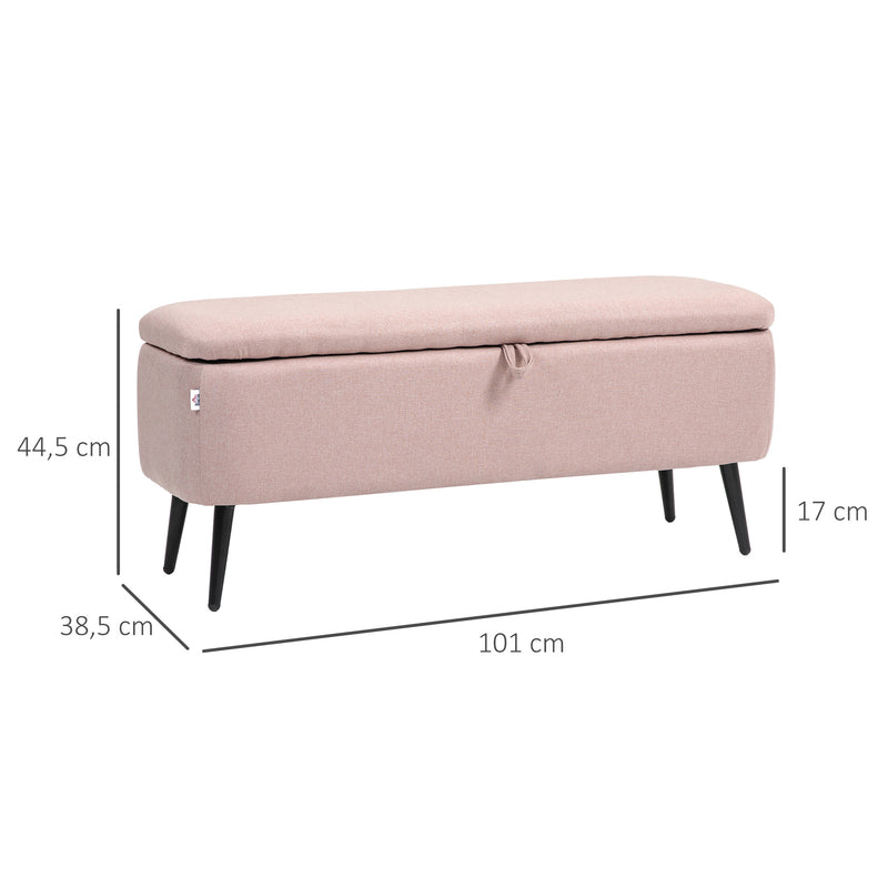 Banco de Armazenamento Estofado em Linho com Tampa Abatível e Pés de Aço para Dormitório Sala de Estar Entrada Carga Máxima 150kg 101x38,5x44,5 cm Rosa