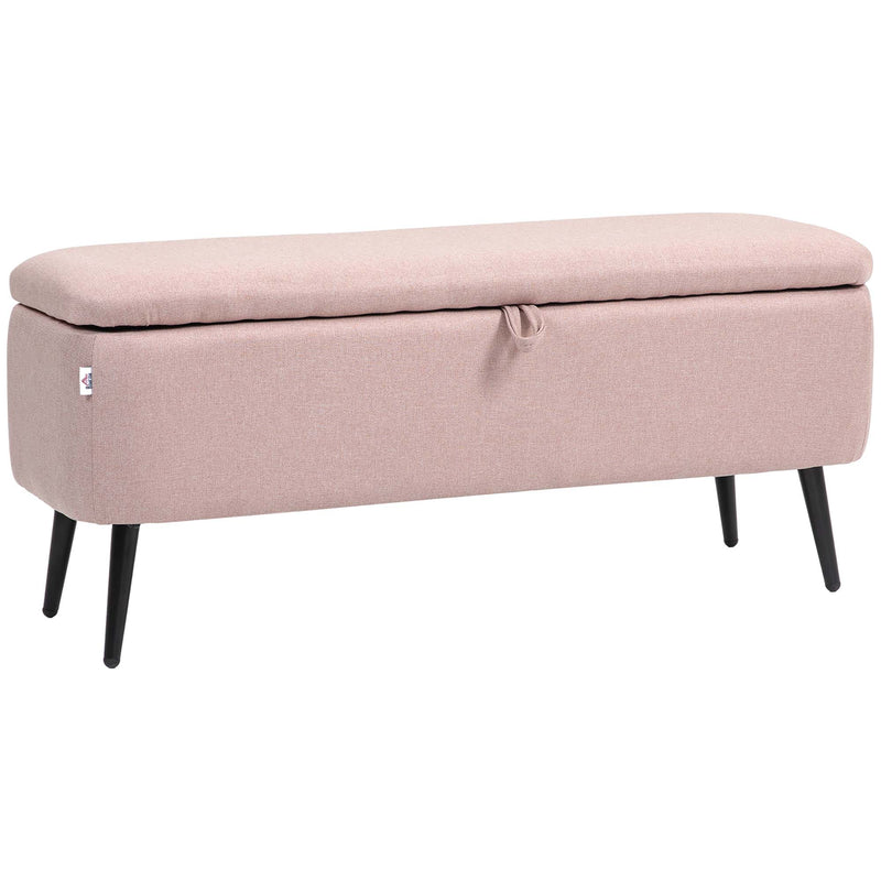 Banco de Armazenamento Estofado em Linho com Tampa Abatível e Pés de Aço para Dormitório Sala de Estar Entrada Carga Máxima 150kg 101x38,5x44,5 cm Rosa