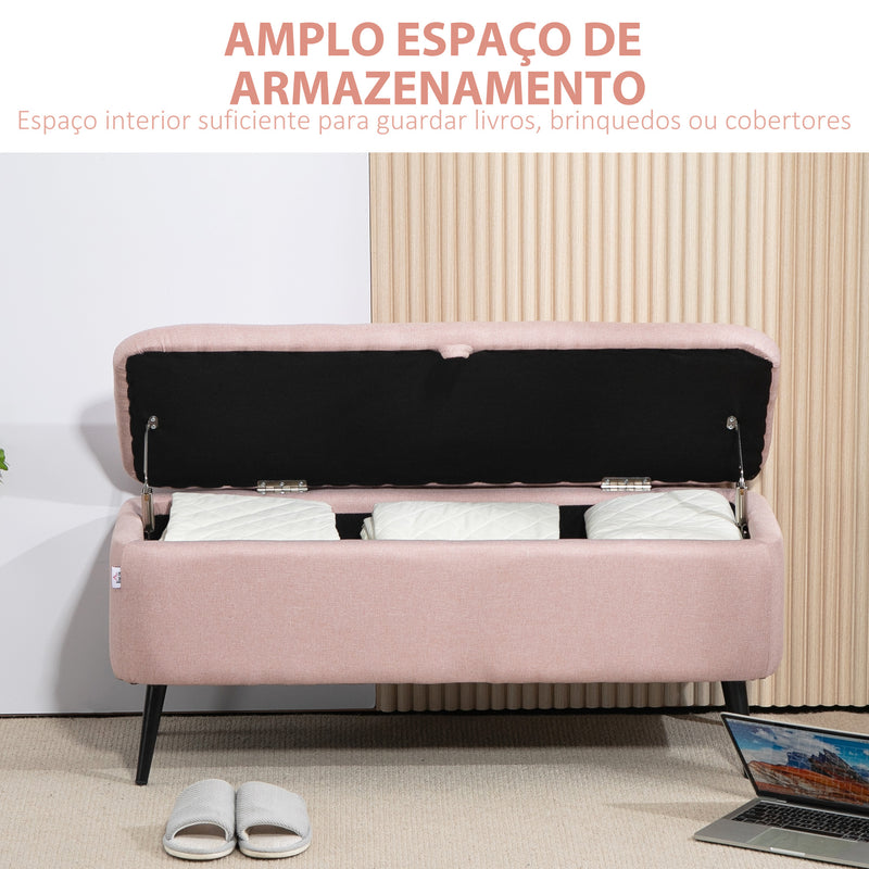 Banco de Armazenamento Estofado em Linho com Tampa Abatível e Pés de Aço para Dormitório Sala de Estar Entrada Carga Máxima 150kg 101x38,5x44,5 cm Rosa