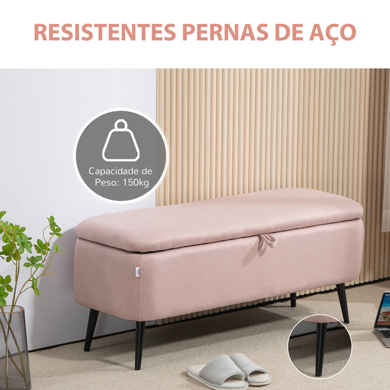 Banco de Armazenamento Estofado em Linho com Tampa Abatível e Pés de Aço para Dormitório Sala de Estar Entrada Carga Máxima 150kg 101x38,5x44,5 cm Rosa