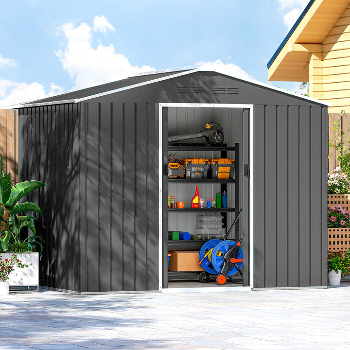 Abrigo de Jardim Exterior 3,6 m² 236x171x191 cm Abrigo de Jardim Metálico com Portas Deslizantes e Aberturas de Ventilação para Armazenamento de Ferramentas Cinzento Escuro