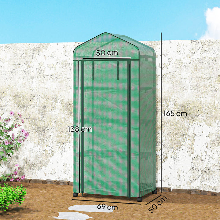 Estufa de Exterior com 4 Prateleiras e Rodas Estufa de Jardim com Porta Enrolável Estrutura em Aço e Cobertura de PE 140g/? Anti-UV para Terraço Pátio 69x50x165 cm Verde