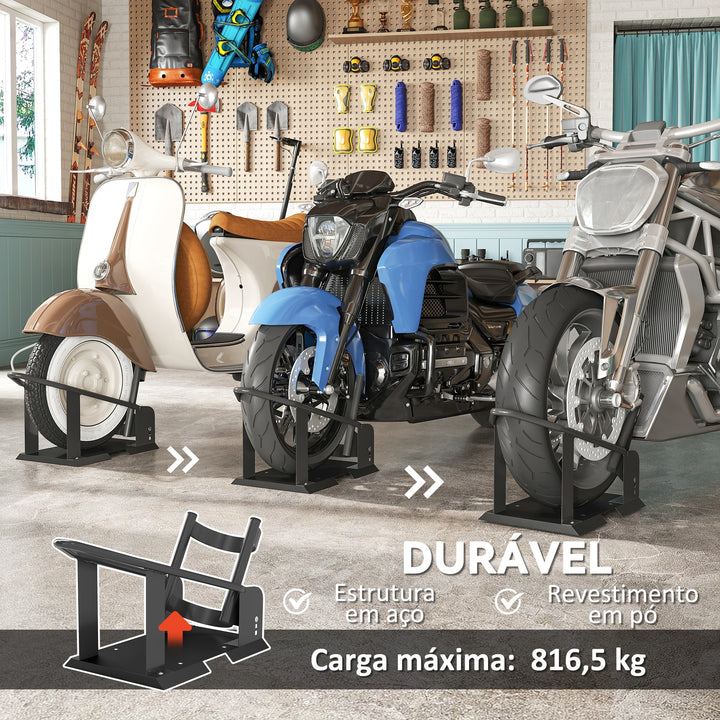 Cavalete de Moto Carga 816,5 kg Suporte para Roda Dianteira de Motocicleta Robusto com Altura Ajustável em 3 Níveis para Rodas Ø38,1-53,34 cm Preto