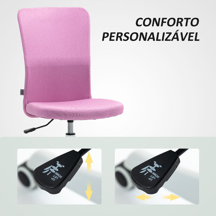 Cadeira de Escritório sem Apoio para os Braços Cadeira de Escritório Giratória Estofada em Linho Sintético com Altura Ajustável para Estudo Dormitório Tocador Carga 120 kg 53x43x85-93 cm Rosa