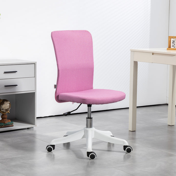 Cadeira de Escritório sem Apoio para os Braços Cadeira de Escritório Giratória Estofada em Linho Sintético com Altura Ajustável para Estudo Dormitório Tocador Carga 120 kg 53x43x85-93 cm Rosa