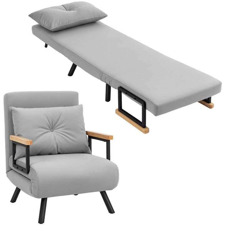 Poltrona Convertível em Cama Dobrável Poltrona 3 em 1 Convertível em Cama com Encosto Ajustável em 5 Níveis e Almofada Acolchoada Carga 120 kg 63x73x81 cm Cinza Claro