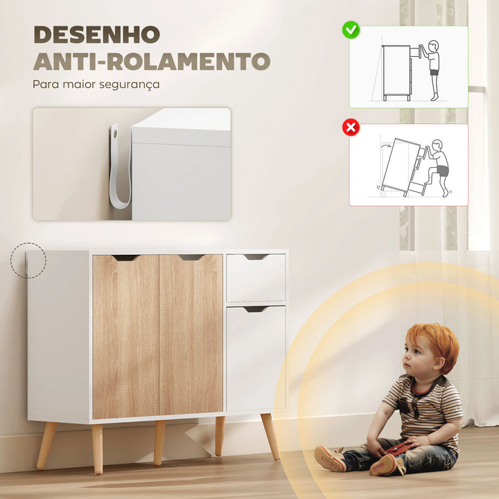 Aparador Móvel Auxiliar de Armazenamento com 2 Armários de Porta Gaveta Pés de Madeira para Sala de Estar Cozinha Dormitório 90x30x72cm Natural e Branco