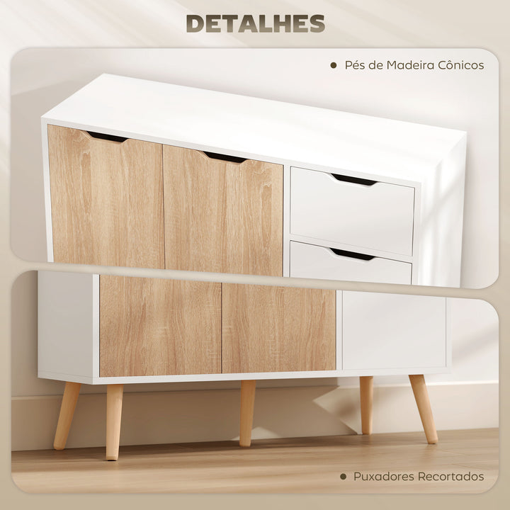 Aparador Móvel Auxiliar de Armazenamento com 2 Armários de Porta Gaveta Pés de Madeira para Sala de Estar Cozinha Dormitório 90x30x72cm Natural e Branco