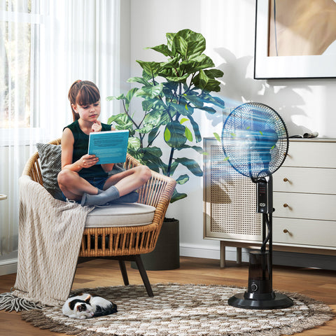 Ventoinha de Pé com Nebulizador 75 W Temporizador Depósito 3,2L Controlo Remoto 3 Velocidades 3 Hélices e Ecrã LED Ø44,5 cm Preto