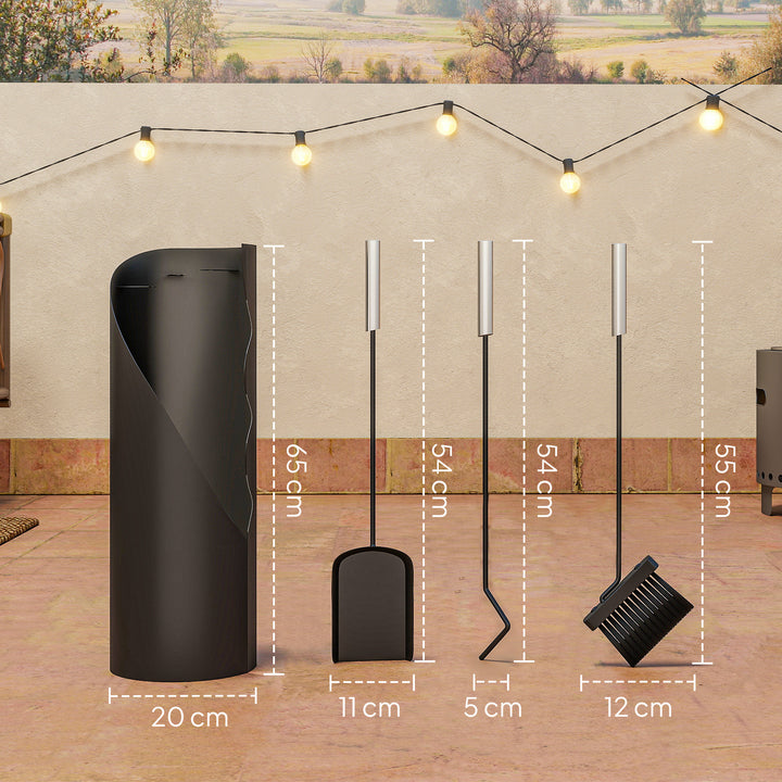 Conjunto de Acessórios para Lareira de 4 Peças Conjunto de Acessórios de Metal com Vassoura Pá Atiçador e Balde 20x20x65 cm Preto e Prateado