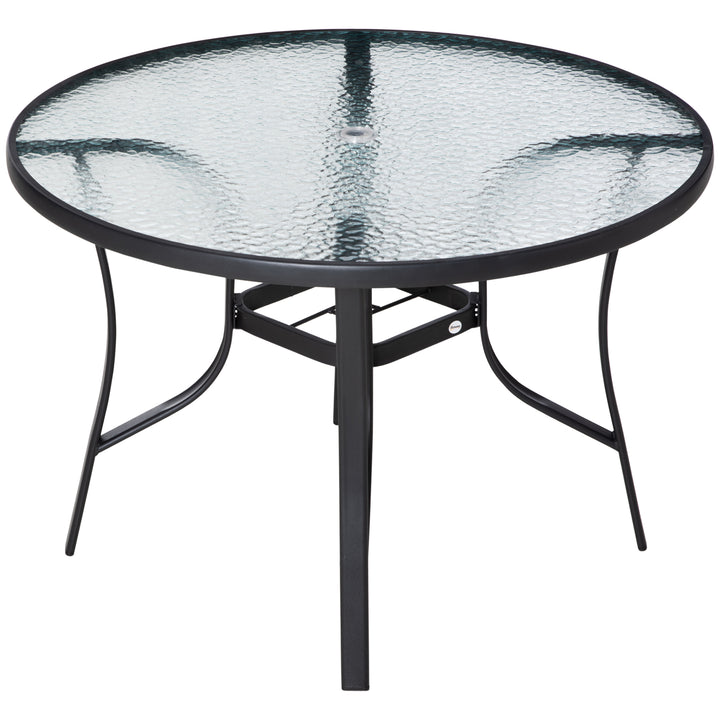 Mesa de Cristal de Jardim com Orifício para Chapéu de Sol Mesa Redonda de Exterior Terraço Varanda com Estrutura de Aço Ø106,5x71cm Transparente e Preto
