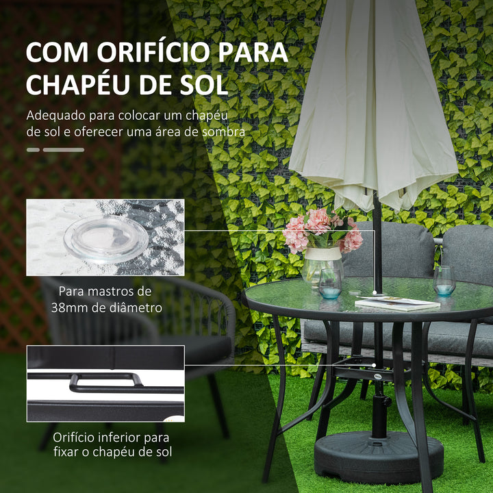 Mesa de Cristal de Jardim com Orifício para Chapéu de Sol Mesa Redonda de Exterior Terraço Varanda com Estrutura de Aço Ø106,5x71cm Transparente e Preto