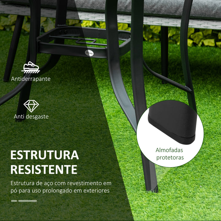 Mesa de Cristal de Jardim com Orifício para Chapéu de Sol Mesa Redonda de Exterior Terraço Varanda com Estrutura de Aço Ø106,5x71cm Transparente e Preto