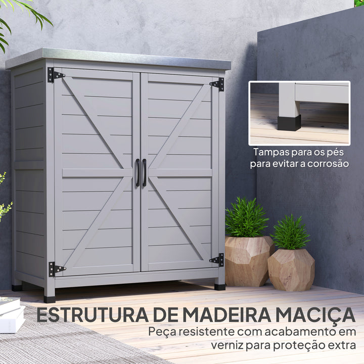 Armário de Exterior em Madeira Armário de Jardim com Tampo de Aço Galvanizado Prateleira 2 Portas Abrigo de Jardim para Armazenamento de Ferramentas 79x43x92 cm Cinza