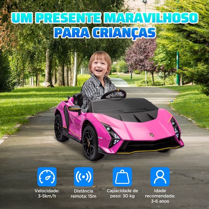 Carro Elétrico para Crianças acima de 3 Anos Carro Elétrico Lamborghini com Bateria 12V Controlo Remoto Faróis Buzina Arranque Lento e Música MP3 114,5x64x45,5 cm Rosa