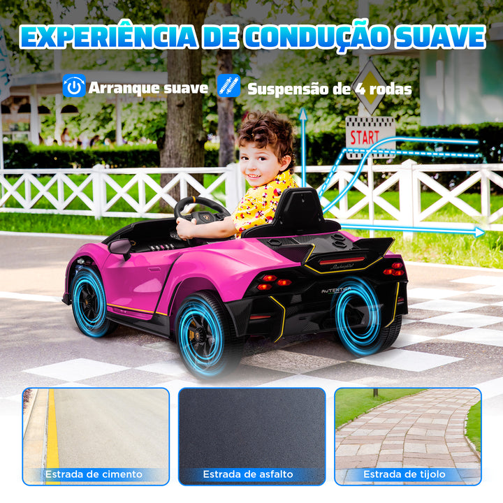 Carro Elétrico para Crianças acima de 3 Anos Carro Elétrico Lamborghini com Bateria 12V Controlo Remoto Faróis Buzina Arranque Lento e Música MP3 114,5x64x45,5 cm Rosa