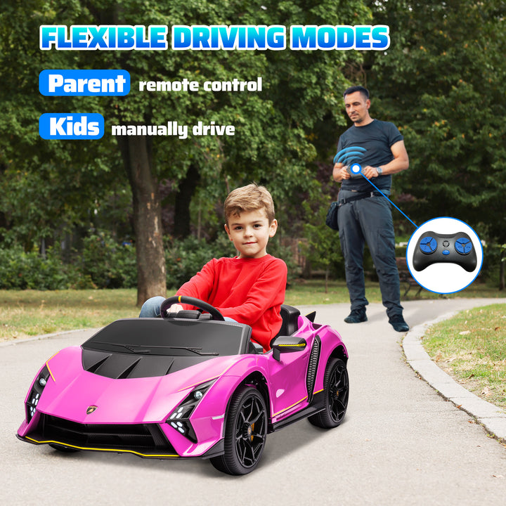 Carro Elétrico para Crianças acima de 3 Anos Carro Elétrico Lamborghini com Bateria 12V Controlo Remoto Faróis Buzina Arranque Lento e Música MP3 114,5x64x45,5 cm Rosa