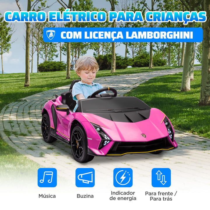 Carro Elétrico para Crianças acima de 3 Anos Carro Elétrico Lamborghini com Bateria 12V Controlo Remoto Faróis Buzina Arranque Lento e Música MP3 114,5x64x45,5 cm Rosa