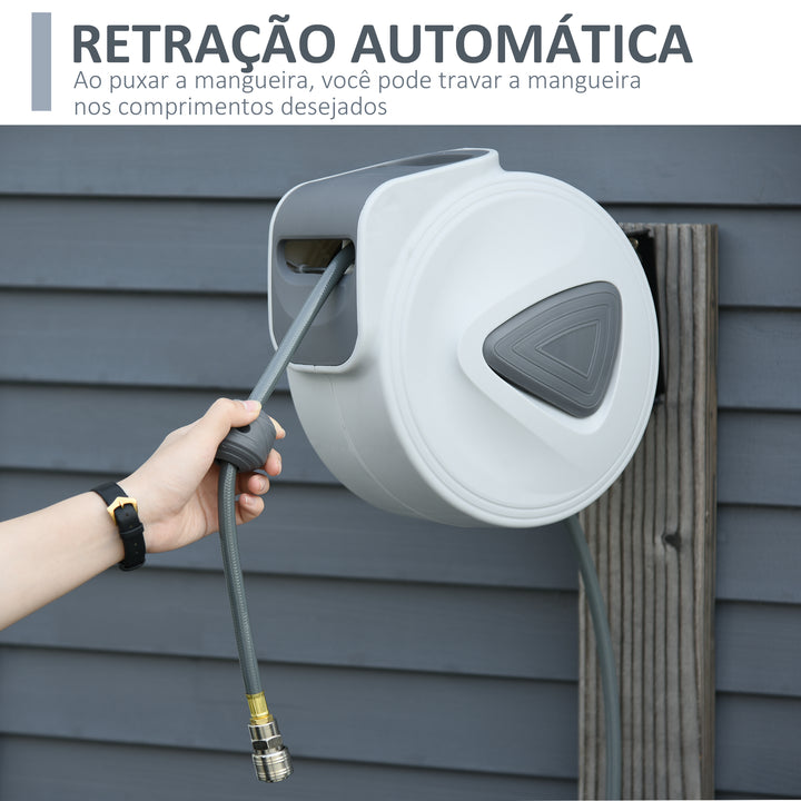 Carretel de Mangueira de Ar Comprimido Automático 20 m Conector de 1/4'' BSP com Suporte de Parede Giratório 180° Diâmetro Interno 3/8'' (9,5x15 mm) Cinzento
