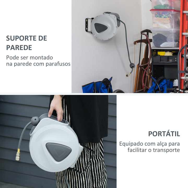 Carretel de Mangueira de Ar Comprimido Automático 20 m Conector de 1/4'' BSP com Suporte de Parede Giratório 180° Diâmetro Interno 3/8'' (9,5x15 mm) Cinzento