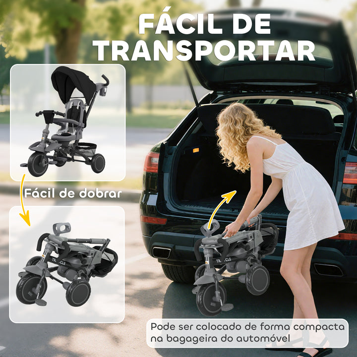 Triciclo Evolutivo 6 em 1 Triciclo para Bebés Dobrável 1-5 Anos Assento Giratório de 360° Guidão Encosto Reclinável Toldo Cinto de Segurança Cesto, Apoio para Pés 111,5x52x98 cm Preto