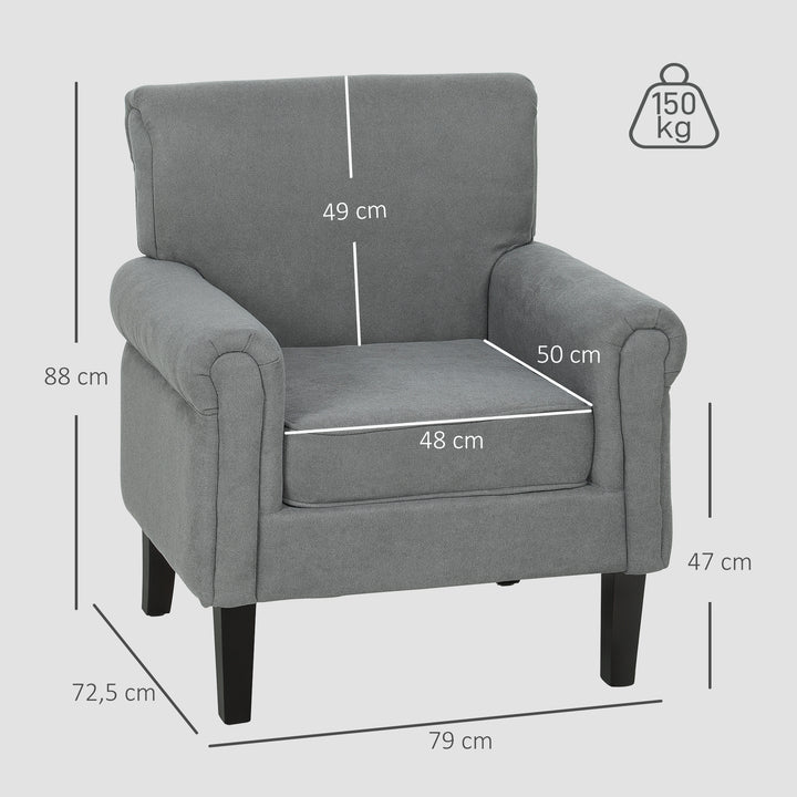 Poltrona Estofada em Tecido Poltrona Relax com Apoio para os Braços Assento Amovível e Lavável Pés de Madeira para Dormitório Estilo Moderno Carga 150kg 79x78x87 cm Cinza Escuro