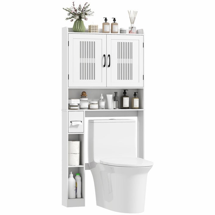 Armário sobre Sanita Móvel sobre Sanita com Prateleira Ajustável 2 Portas Suporte para Papel Higiênico e Prateleiras Abertas Armário para Máquina de Lavar 80x19,5x170 cm Branco