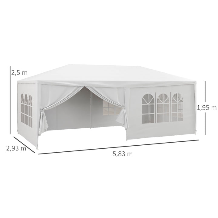 Tenda de Jardim 583x293 cm Tenda de Festas Desmontável com 4 Janelas 2 Portas com Fecho de Correr 6 Paredes Laterais e Impermeável para Exterior Pátio Branco