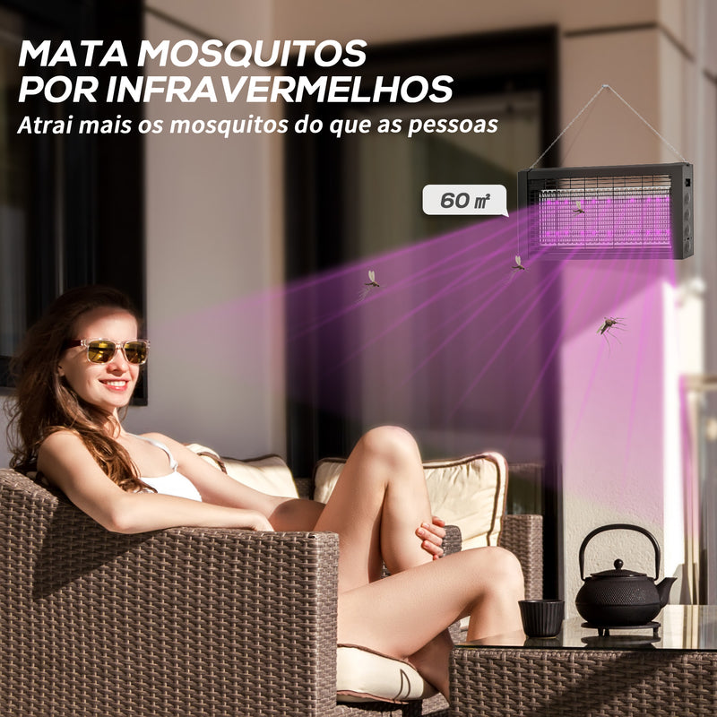 Lâmpada Anti-Mosquitos com Luz LED Mata Mosquitos Elétrico 8W Efetivo para 60 m² com Corrente para Interior Jardim Terraço Pátio 49x6x25 cm Preto