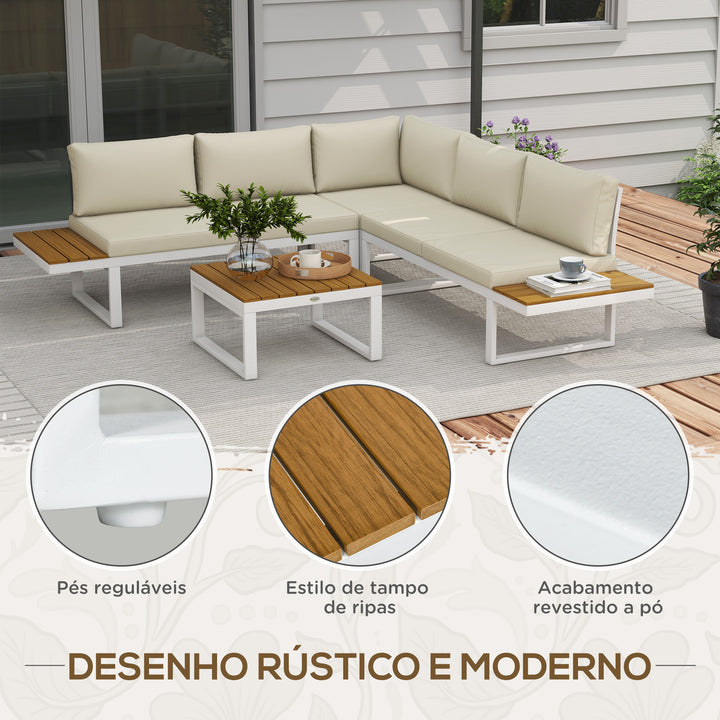 Conjunto de Móveis de Jardim 4 Peças Jogo de Móveis de Terraço Inclui 2 Sofás Duplos 1 Sofá de Canto Reclinável e Mesa de Centro com Almofadas para Pátio Creme