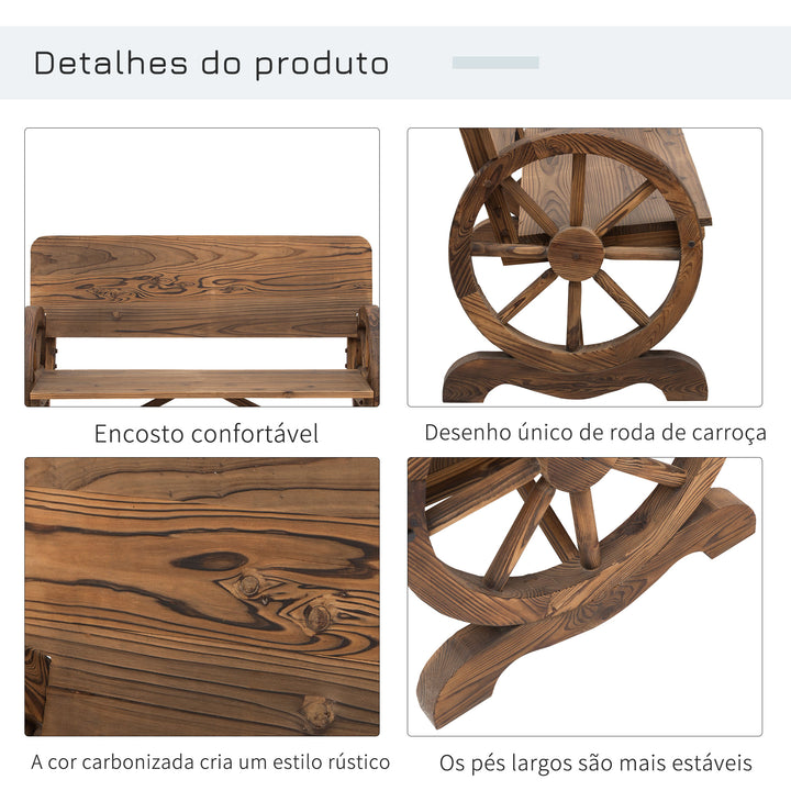 Banco de Jardim de Madeira Banco de Exterior com Apoio para os Braços e 2 Rodas Decorativas Estilo Rústico Carga 250 kg para Pátio Varanda 114x58x80 cm Marrom Carbonizado