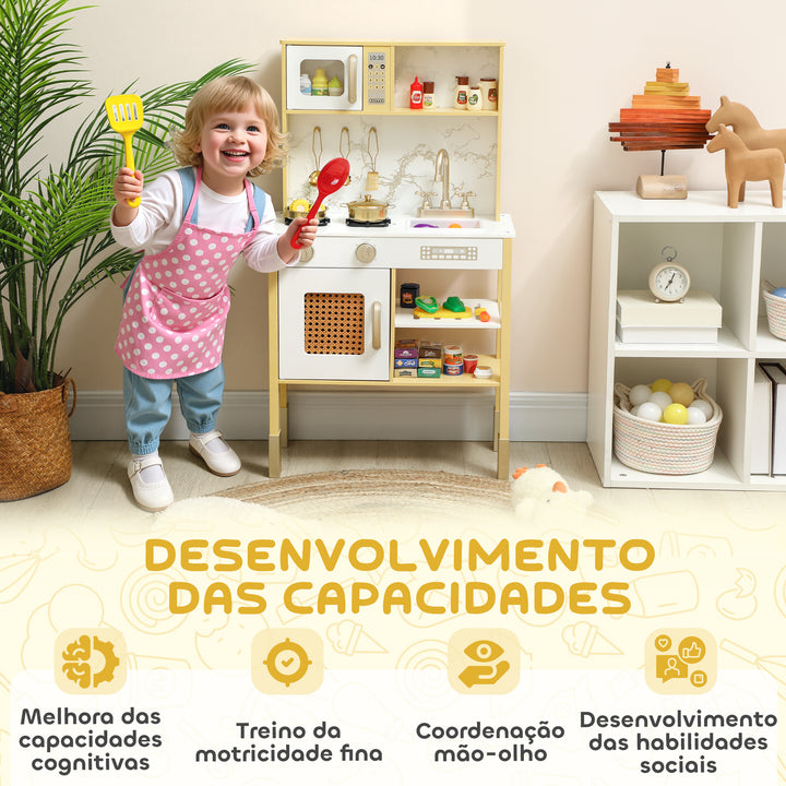 Cozinha de Brincar em Madeira com Som Cozinha Infantil com Acessórios em Aço Inoxidável Micro-Ondas Forno Lava-Loiças Legumes para Cortar para Crianças a Partir de 3 Anos 55x24x96 cm Dourado