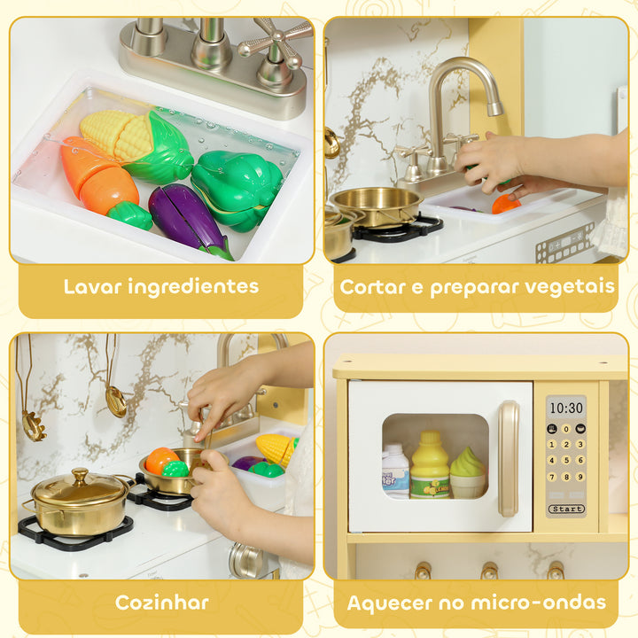Cozinha de Brincar em Madeira com Som Cozinha Infantil com Acessórios em Aço Inoxidável Micro-Ondas Forno Lava-Loiças Legumes para Cortar para Crianças a Partir de 3 Anos 55x24x96 cm Dourado